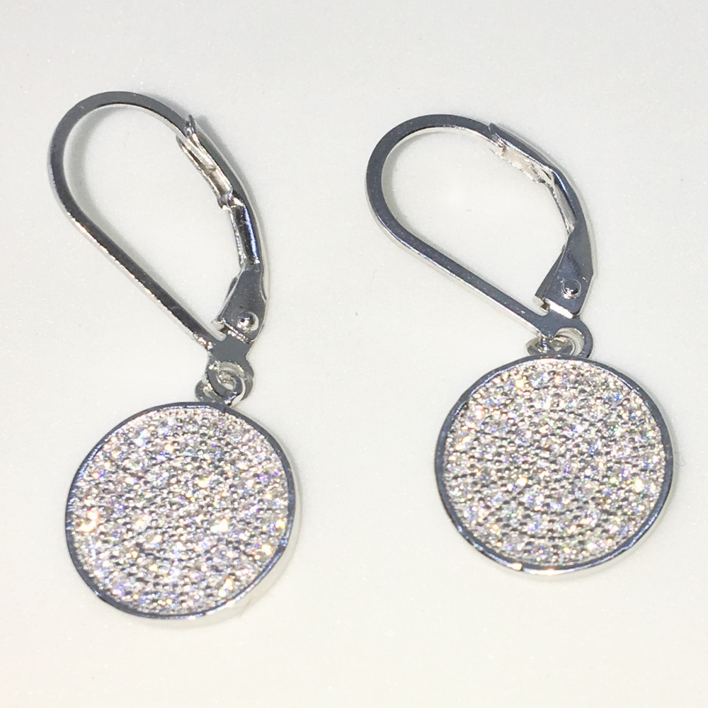 Silver Circle Round White CZ Dangle Drop earrings